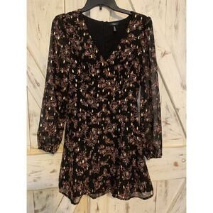 Aqua Floral Metallic Gold Print V-Neck Cocktail Party Mini Dress Long Sleeves XS